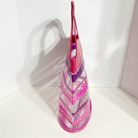 Bath and Body Works Clear Plastic Striped Tote Bag Oval Bottom Patent Handles - Picture 3 of 7